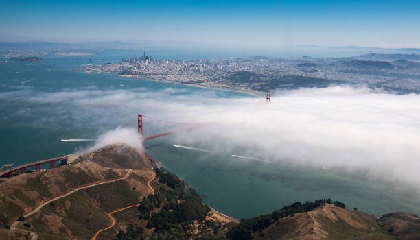 Golden Gate from the Air An aerial photograph of the Golden Gate Bridge and downtown San Francisco contra costa county stock pictures, royalty-free photos & images