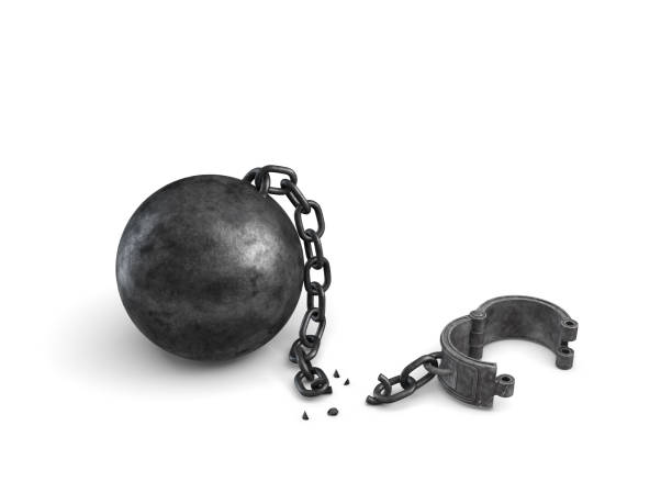 3d rendering of an isolated ball and chain lying broken near a leg shackle 3d rendering of an isolated ball and chain lying broken near a leg shackle. Business boundaries. Freedom and rights. Legal help. breaking free from chains stock pictures, royalty-free photos & images