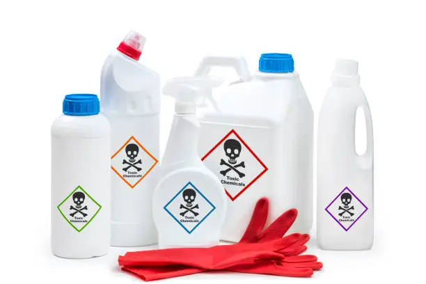 Chemical cleaning or toxic product concept on white background.
