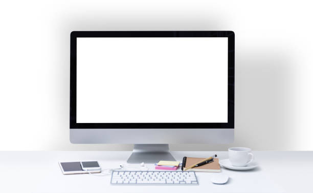 istock Office desk with computer screen, keyboard, mouse, stationary and coffee cup 841436874