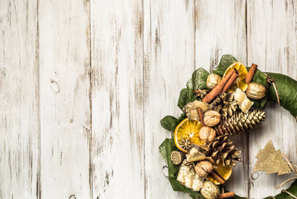 istock Advent Christmas wreath on white wooden background, copy space 841442172