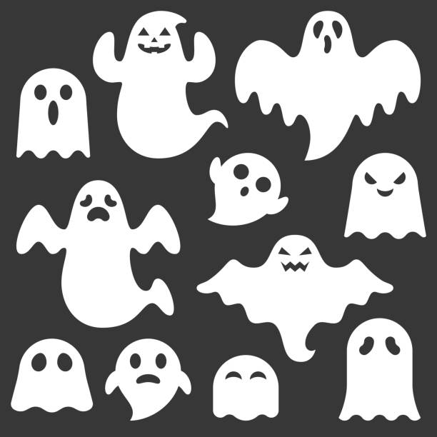 set of cute ghost creation kit, changeable face, flat design vector for halloween set of cute ghost creation kit, changeable face, flat design vector for halloween halloween icons stock illustrations