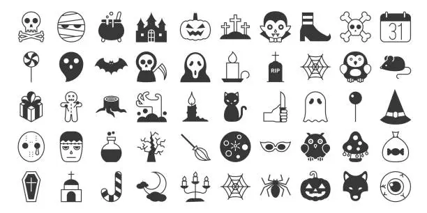 Vector illustration of Big set of Halloween silhouette icon, include monster such as angle of death, Dracula, mask of murderer, bat and cute ghost, abandoned house, owl, candle, jack o lantern, black cat, candy, wolf, skull