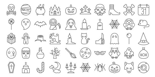 ilustrações de stock, clip art, desenhos animados e ícones de big set of halloween outline icon, include monster such as angle of death, dracula, mask of murderer, bat and cute ghost, abandoned house, owl, candle, black cat, candy, wolf, skull - witch halloween cauldron bat