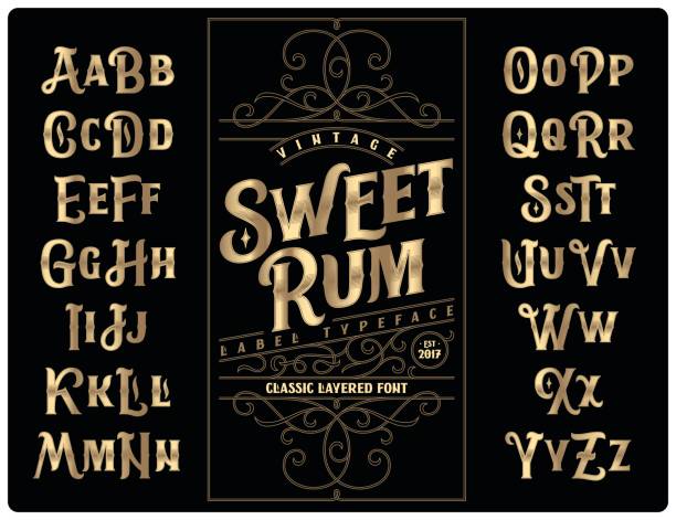 klassisches dekoratives vintage-schriftset namens "sweet rum" mit etikettendesignvorlage - ribbon typescript letter vector stock-grafiken, -clipart, -cartoons und -symbole