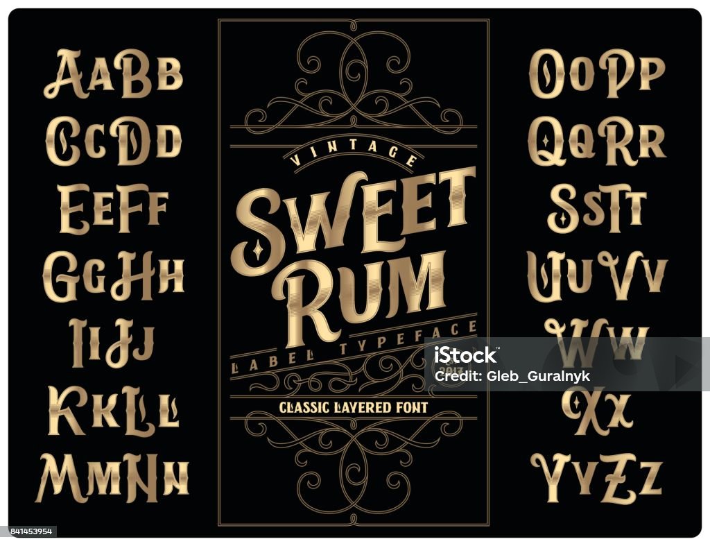 클래식 빈티지 장식 글꼴 집합 레이블 디자인 서식 파일 "달콤한 럼" 이라는 - 로열티 프리 복고풍 벡터 아트