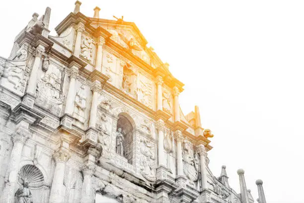 Asia culture concept - Looking up view of Ruins St.Paul Church with dramatic sun light, famous landmarks and world cultural heritage in centre of Macao/Macau, China. Mix hand drawn sketch illustration