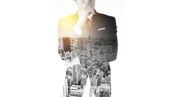 istock Business man with dark suit, double exposure effect 841456696