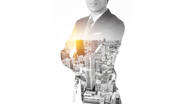 istock Business man with dark suit, double exposure effect 841456732