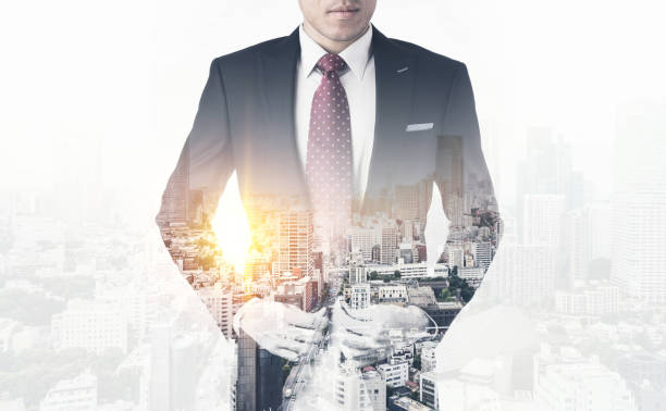 istock modern office man with dark suit, double exposure effect with Japan city skyline background 841457126
