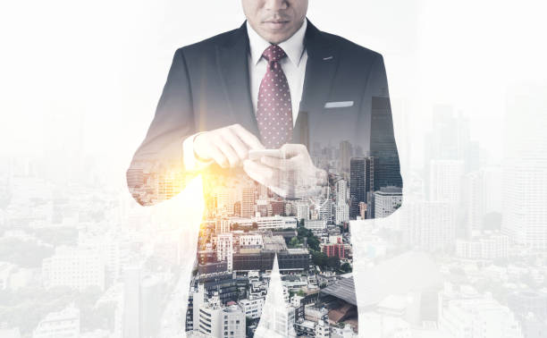 istock modern office man with dark suit, double exposure effect with Japan city skyline background 841457162