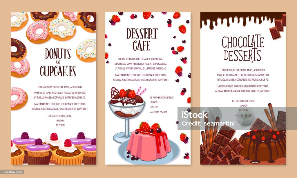 Vector poster template for bakery shop desserts Bakery shop desserts poster template. Vector cakes, pies or cupcakes and pastry pudding tortes, biscuit cookies or chocolate muffins, cheesecake and brownie tar for cafe or patisserie Chocolate stock vector