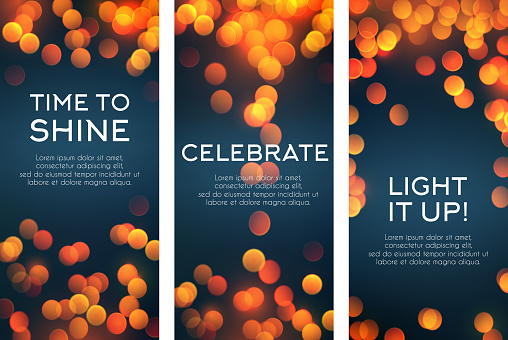 Greeting banners templates of shining light and sparkling blur for celebration holiday, birthday or wedding love moments. Vector quotes set with glowing golden sparkles and defocused lights