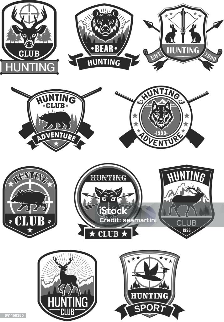 Jagd-Club-Jagd-Abenteuer-Vektor-Icons set - Lizenzfrei Jagd Vektorgrafik