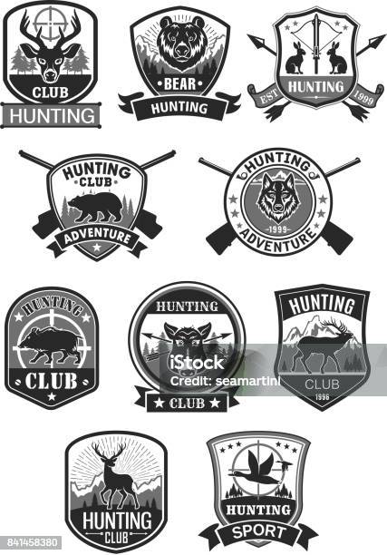 Jagdclubjagdabenteuervektoricons Set Stock Vektor Art und mehr Bilder von Jagd - Jagd, Jäger, Logo