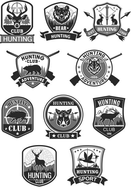 ilustrações de stock, clip art, desenhos animados e ícones de hunting club hunt adventure vector icons set - bear hunting