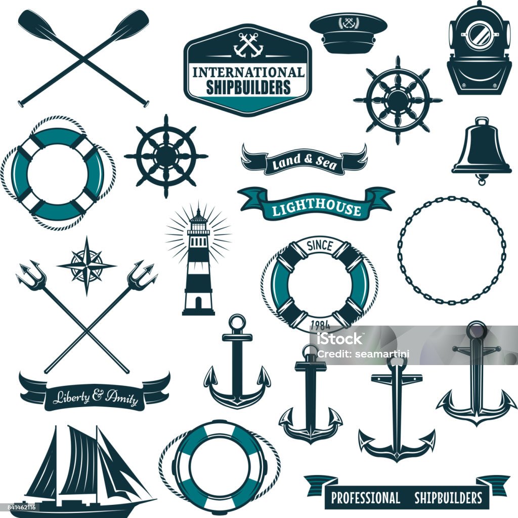 Vector nautical heraldic icons of seafarer sailing Marine navy and nautical heraldic icons set. Vector crossed paddles, ship anchor or helm and life buoy, trident and aqualung mask, boat bell or lighthouse and wind rose compass with frigate and ribbon Nautical Vessel stock vector