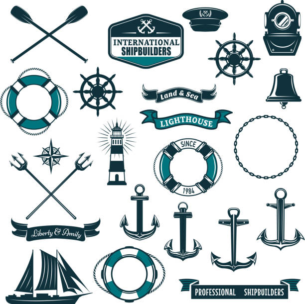 Vector nautical heraldic icons of seafarer sailing Marine navy and nautical heraldic icons set. Vector crossed paddles, ship anchor or helm and life buoy, trident and aqualung mask, boat bell or lighthouse and wind rose compass with frigate and ribbon buoy stock illustrations