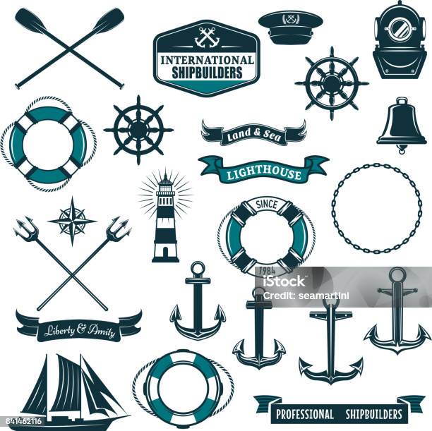 Vector Nautical Heraldic Icons Of Seafarer Sailing Stock Illustration - Download Image Now - Nautical Vessel, Logo, Icon Symbol