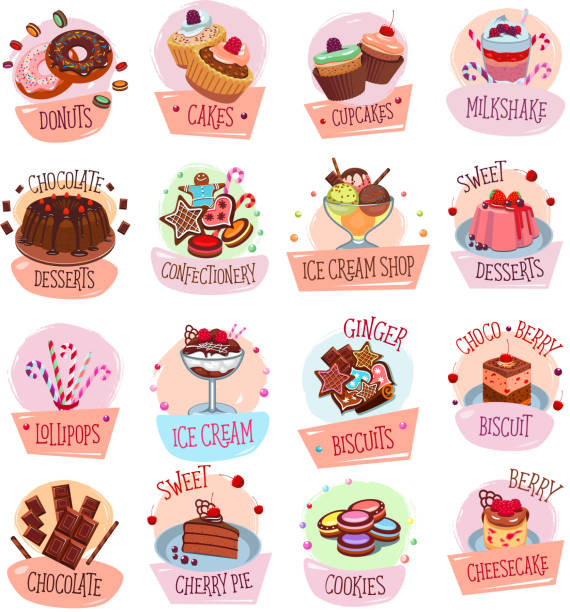 illustrazioni stock, clip art, cartoni animati e icone di tendenza di icone di cackes da dessert vettoriale per la caffetteria di un negozio di panetteria - dessert