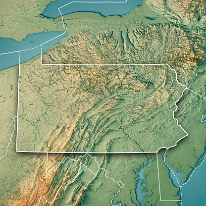 3D Render of a Topographic Map of the State of Pennsylvania, USA.\nAll source data is in the public domain.\nColor texture: Made with Natural Earth. \nhttp://www.naturalearthdata.com/downloads/10m-raster-data/10m-cross-blend-hypso/\nBoundaries Level 1: USGS, National Map, National Boundary Data.\nhttps://viewer.nationalmap.gov/basic/#productSearch\nRelief texture and Rivers: SRTM data courtesy of USGS. URL of source image: \nhttps://e4ftl01.cr.usgs.gov//MODV6_Dal_D/SRTM/SRTMGL1.003/2000.02.11/\nWater texture: SRTM Water Body SWDB:\nhttps://dds.cr.usgs.gov/srtm/version2_1/SWBD/