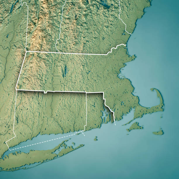 Massachusetts State USA 3D Render Topographic Map Border 3D Render of a Topographic Map of the State of Massachusetts, USA.
All source data is in the public domain.
Color texture: Made with Natural Earth. 
http://www.naturalearthdata.com/downloads/10m-raster-data/10m-cross-blend-hypso/
Boundaries Level 1: USGS, National Map, National Boundary Data.
https://viewer.nationalmap.gov/basic/#productSearch
Relief texture and Rivers: SRTM data courtesy of USGS. URL of source image: 
https://e4ftl01.cr.usgs.gov//MODV6_Dal_D/SRTM/SRTMGL1.003/2000.02.11/
Water texture: SRTM Water Body SWDB:
https://dds.cr.usgs.gov/srtm/version2_1/SWBD/ massachusetts map stock pictures, royalty-free photos & images