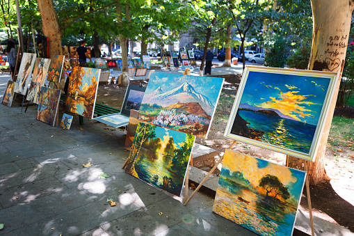 Yerevan, Armenia - 26 September, 2016: Paintings for sell in Martiros Saryan park. Vernissage paintings