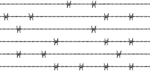 Steel Barbed Wire Fence Seamless Texture. Isolated Metal Guard Line Pattern.