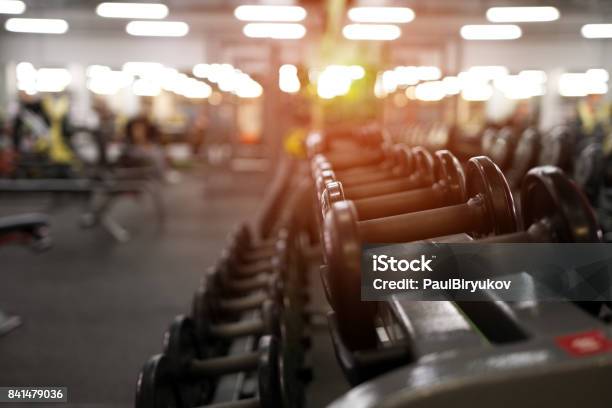 Different Dumbbell Weights In Fitness Center Stock Photo - Download Image Now - Gym, Exercising, No People