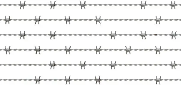 Metal Barbed Wire Fence Seamless Texture. Isolated Metal Guard Line Pattern.