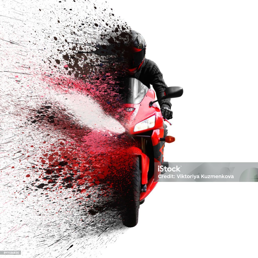 The rider on the red sport motorcycle helmet with a black visor. Shatters into spray. Isolated on white background The rider on the red sport motorcycle helmet with a black visor. Shatters into spray. Isolated on white background. Motorcycle Stock Photo