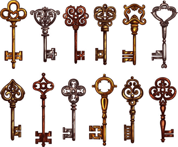 Key and vintage skeleton isolated sketch Key and vintage skeleton key isolated sketch. Metal door key, decorated with ornamental forged elements on bow and tip. Tattoo and jewelry themes or secret concept design antique key stock illustrations