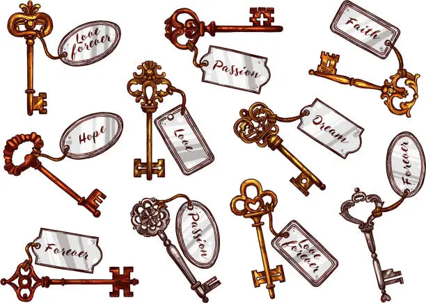 Vector illustration of Vector sketch vintage keys with keychain tags