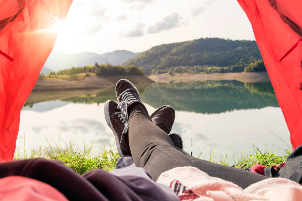 istock Couple camping with beautiful view 841491102