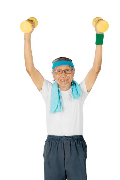 Picture of elderly man lifting two dumbbells in his hands, isolated on white background