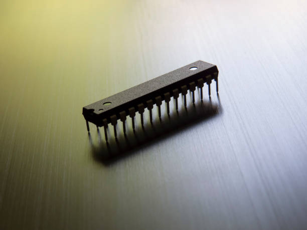 A close up of an Electronic Chip in aluminum surface