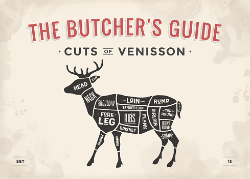 Cut of meat set. Poster Butcher diagram, scheme - Venisson. Vintage typographic hand-drawn deer silhouette for butcher shop, restaurant menu, graphic design. Meat theme. Vector Illustration