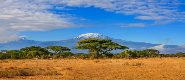 Africa Kenya snow capped Kilimanjaro mountain in Tanzania in the background, under cloudy blue skies.