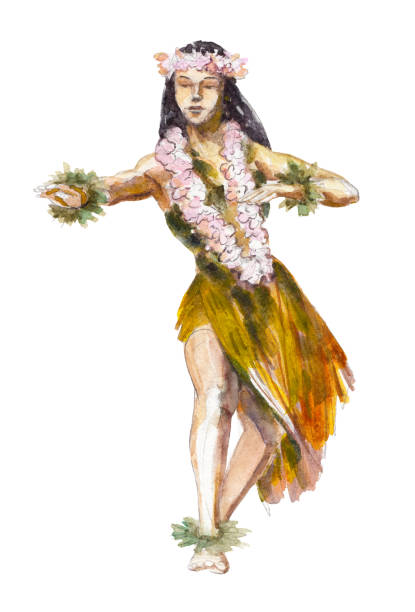 illustrazioni stock, clip art, cartoni animati e icone di tendenza di hula hawaii ballerina ragazza, illustrazione ad acquerello isolata su sfondo bianco. - tropical climate polynesia flower pacific islands