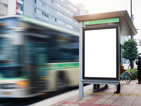 Mock up Billboard Banner template at Bus Shelter Media outdoor street Sign display