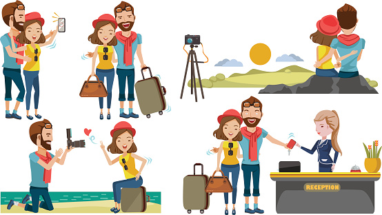 Couple travel relaxing on top of a hill. Traveling along mountains and coast, Take pictures together. Check in lobby hotel. The honeymoon concept with sweetness. Traveling to various places. Vector