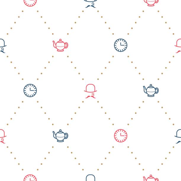 ilustrações de stock, clip art, desenhos animados e ícones de english tea party elegant red and blue on white line vector pattern - tea afternoon tea tea party cup