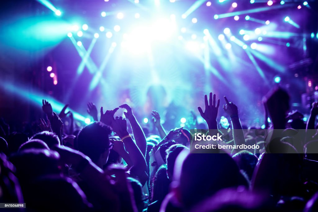 Enjoying great concert Crowd raising their hands and enjoying great festival party. Party - Social Event Stock Photo