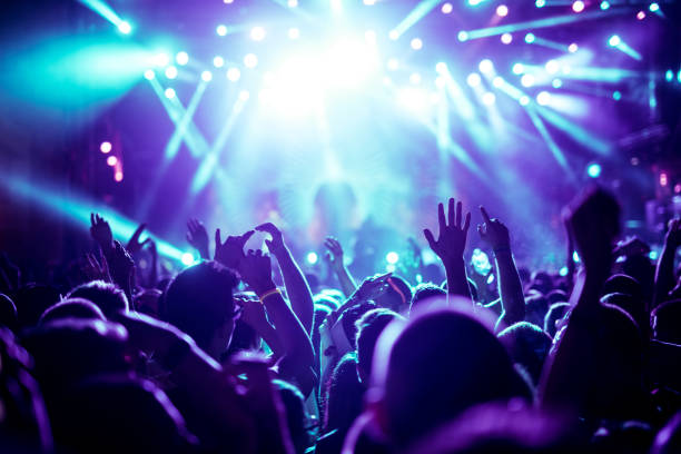 Enjoying great concert Crowd raising their hands and enjoying great festival party. cheering photos stock pictures, royalty-free photos & images