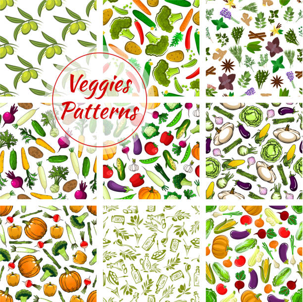 veggies вектор бесшовные модели набор овощей - kohlrabi on food ripe stock illustrations