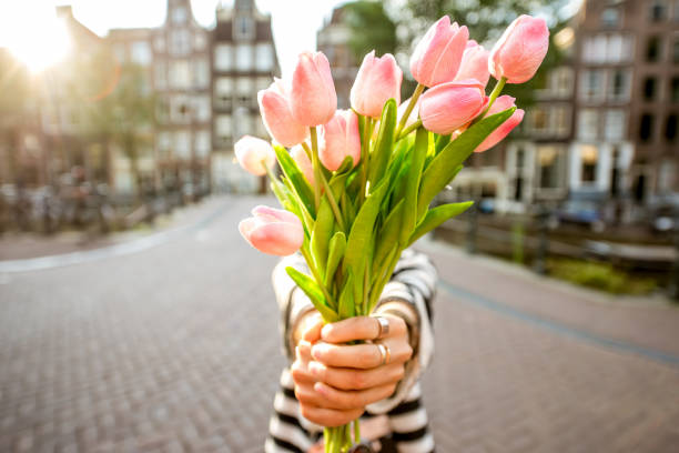 frau mit tulpen in amsterdam city - tulip bouquet stock-fotos und bilder