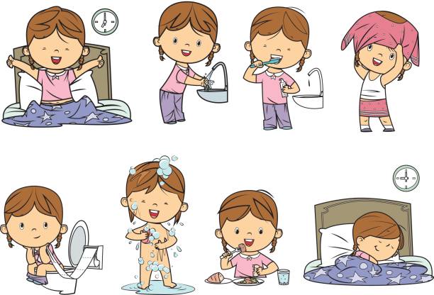 毎日のルーチン - waking up child morning dental hygiene点のイラスト素材／クリップアート素材／マンガ素材／アイコン素材