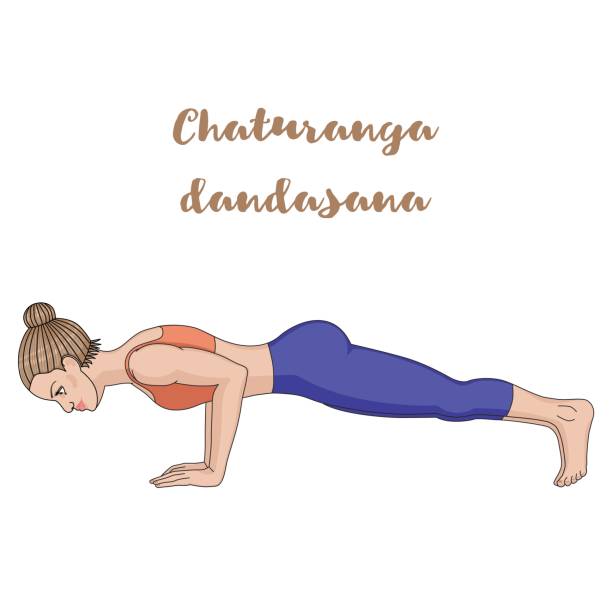 Women silhouette. Four-Limbed Staff Pose. Low Plank yoga pose. Chaturanga Dandasana - ilustração de arte vetorial