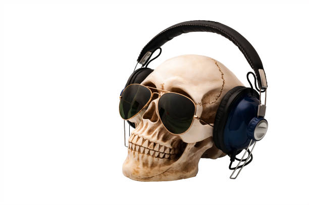 skull wearing headphones - aviator glasses audio imagens e fotografias de stock