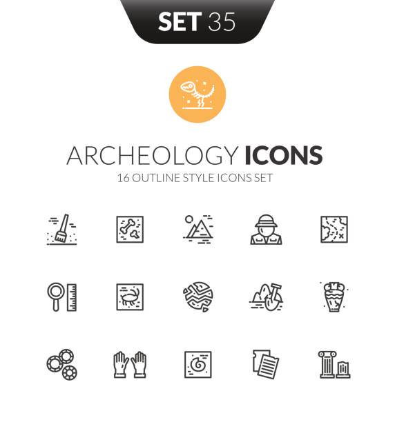 schwarze symbole inmitten einer dünnen moderne design-stil zu skizzieren - archäologie stock-grafiken, -clipart, -cartoons und -symbole